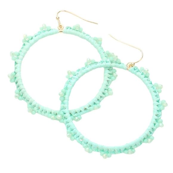 Raffia Braid Circle Cutout Earrings Dangle Drop Mint Beaded Gold Tone Blue - Picture 1 of 2